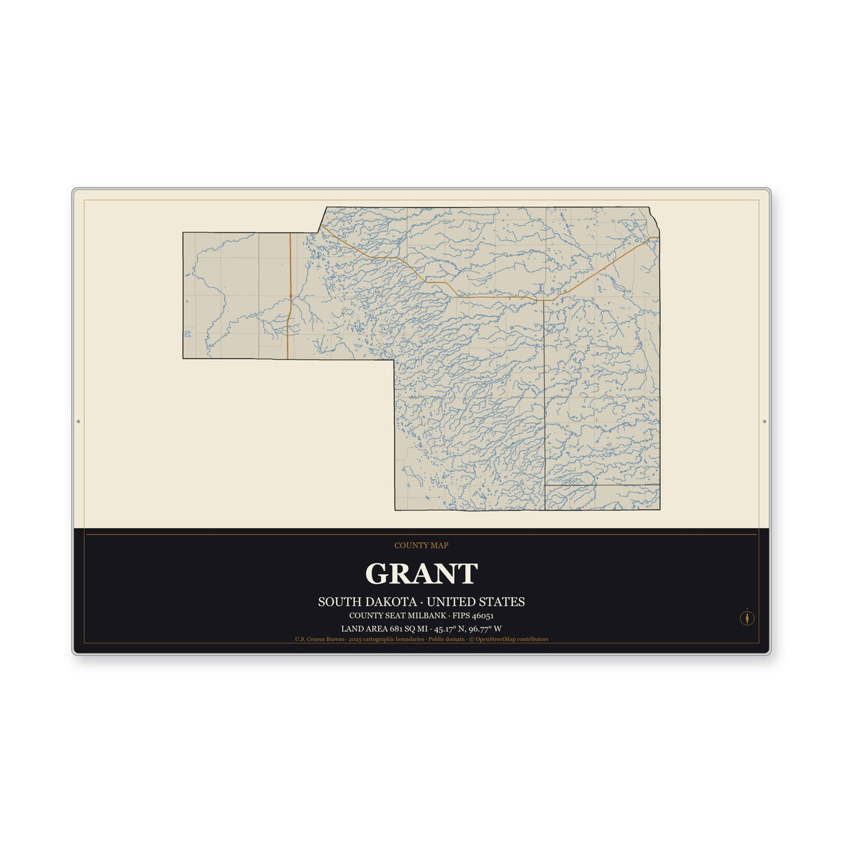 Grant County, South Dakota Map Aluminum Sign in Museum Plaque style