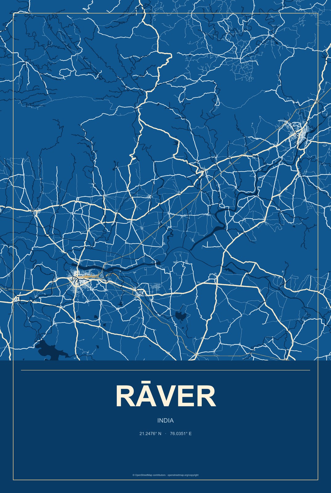 Rāver, India City Map Aluminum Sign in Harbor Cobalt style