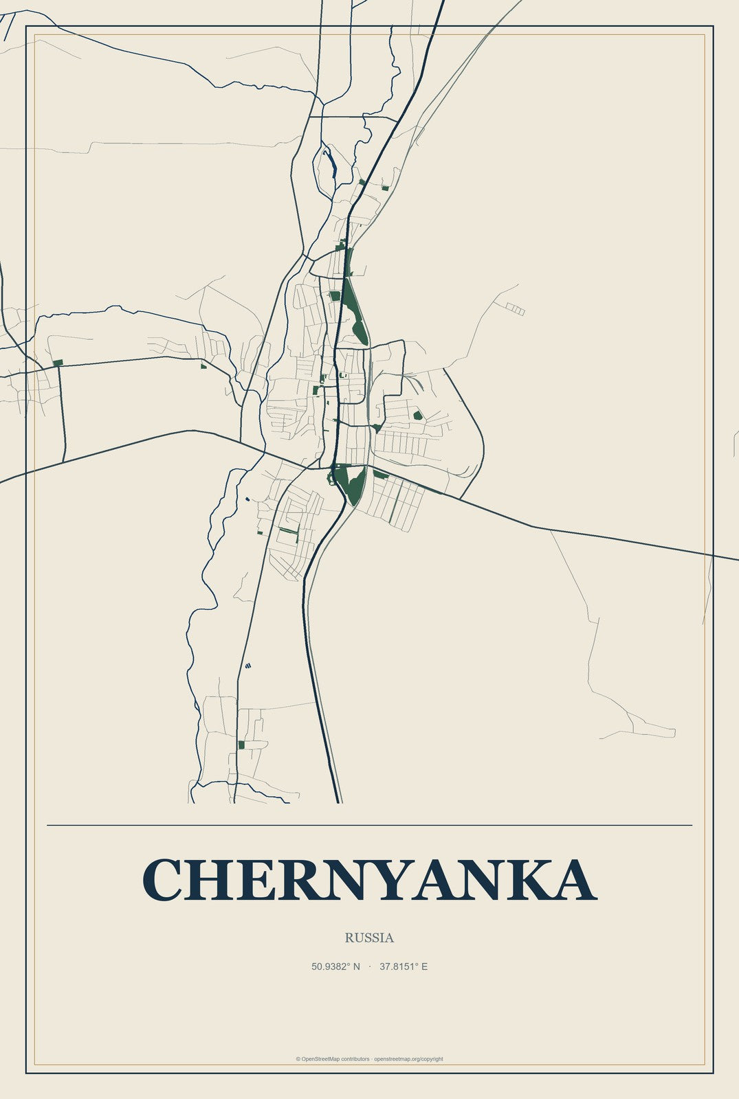 Chernyanka, Russia City Map Aluminum Sign in Coastal Cutout style