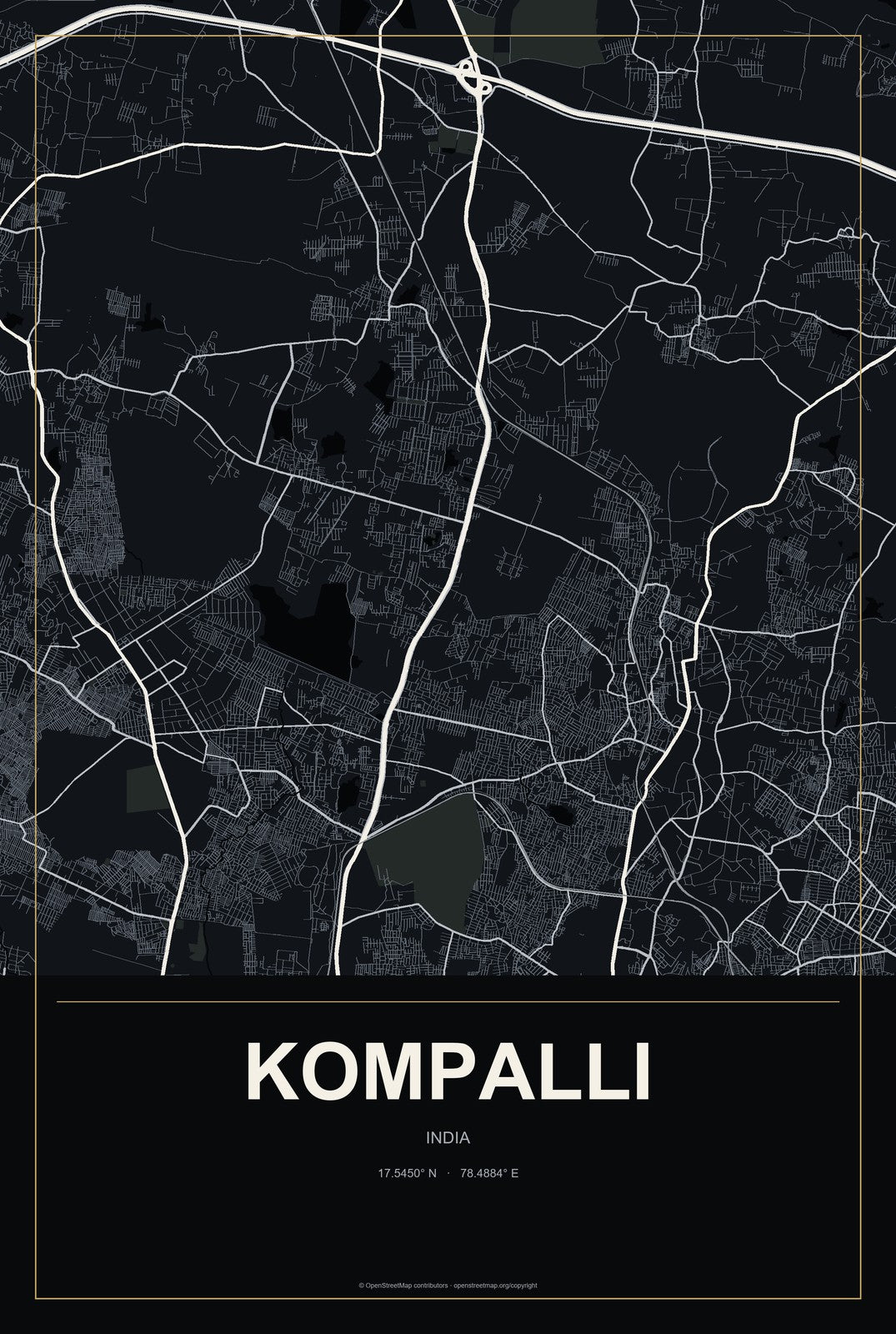 Kompalli, India City Map Aluminum Sign in Metropolitan Noir style