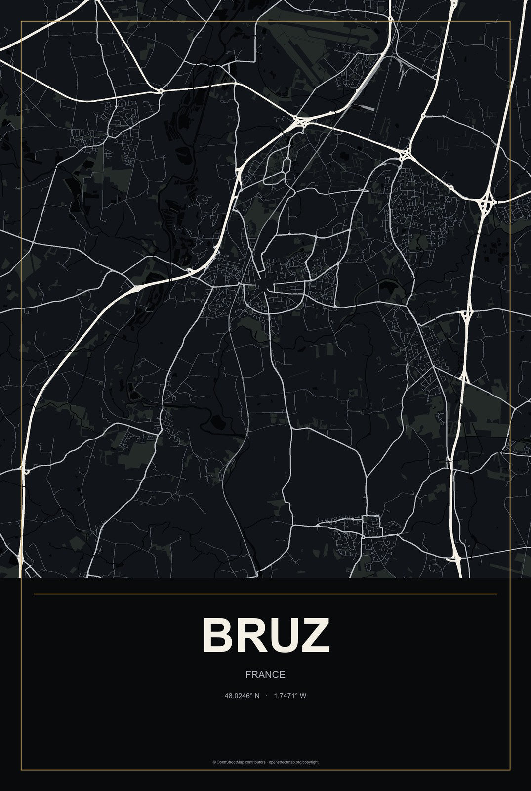 Bruz, France City Map Aluminum Sign in Metropolitan Noir style