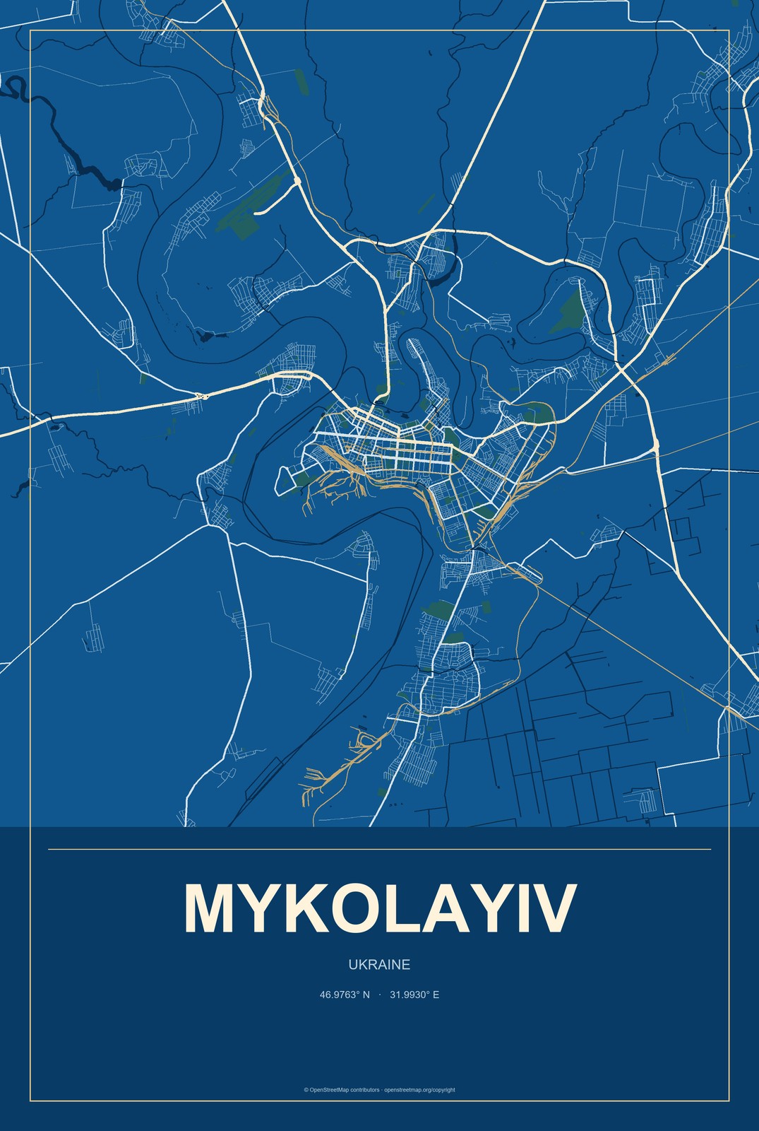 Mykolayiv, Mykolaiv, Ukraine City Map Aluminum Sign in Harbor Cobalt style