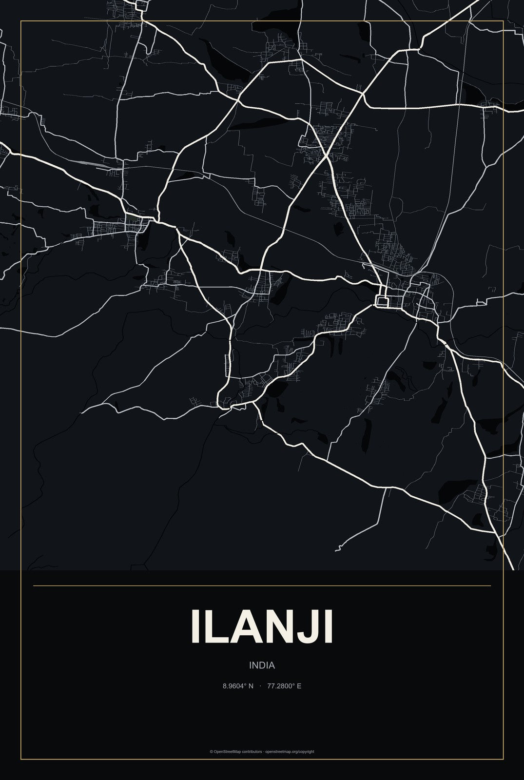 Ilanji, India City Map Aluminum Sign in Metropolitan Noir style