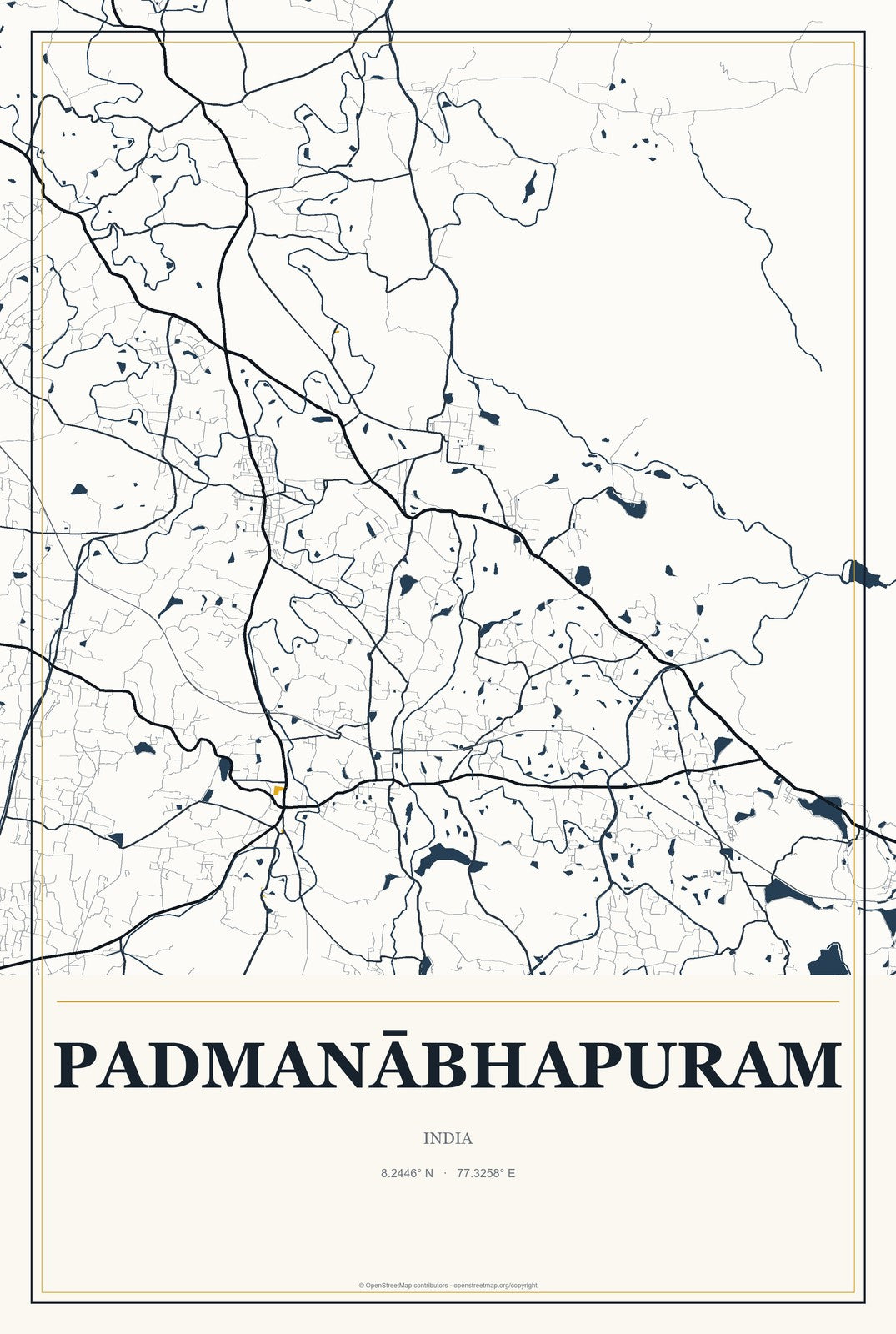 Padmanābhapuram, India City Map Aluminum Sign in Citrine Modern style