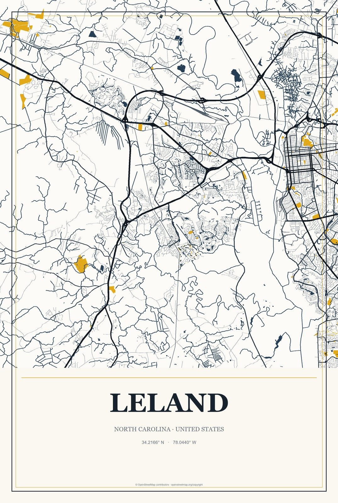 Leland, North Carolina City Map Aluminum Sign in Citrine Modern style