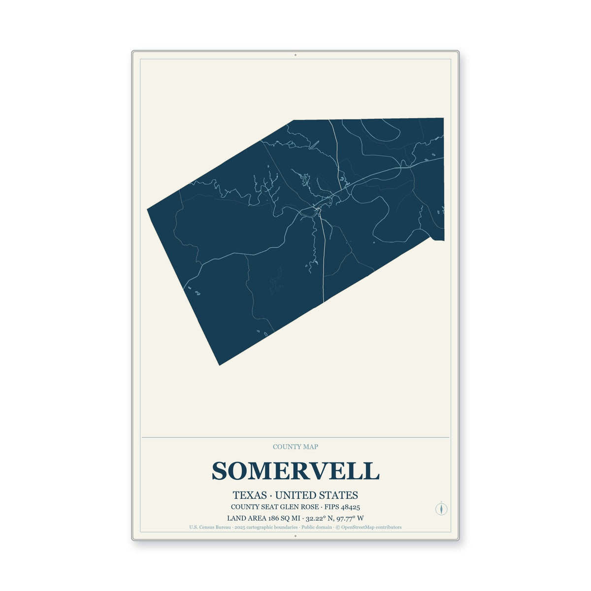 Somervell County, Texas Map Aluminum Sign in Coastal Cutout style