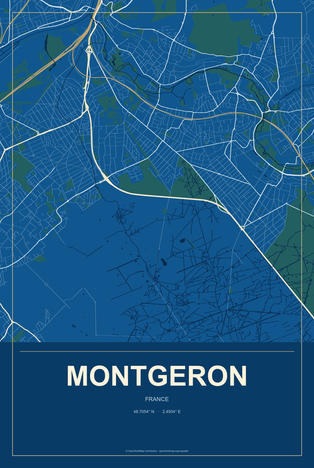 Montgeron, France City Map Aluminum Sign in Harbor Cobalt style