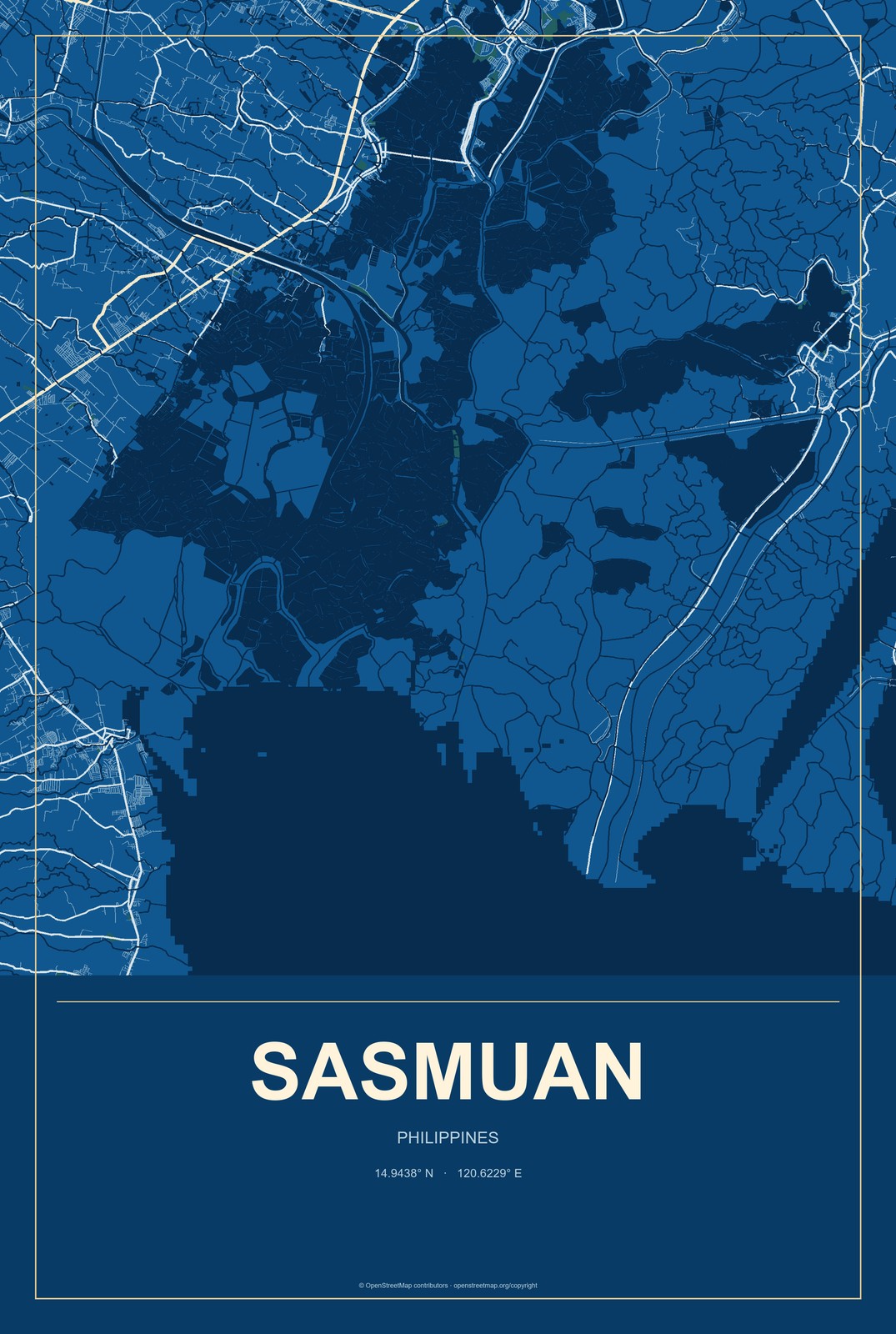 Sasmuan, Philippines City Map Aluminum Sign in Harbor Cobalt style