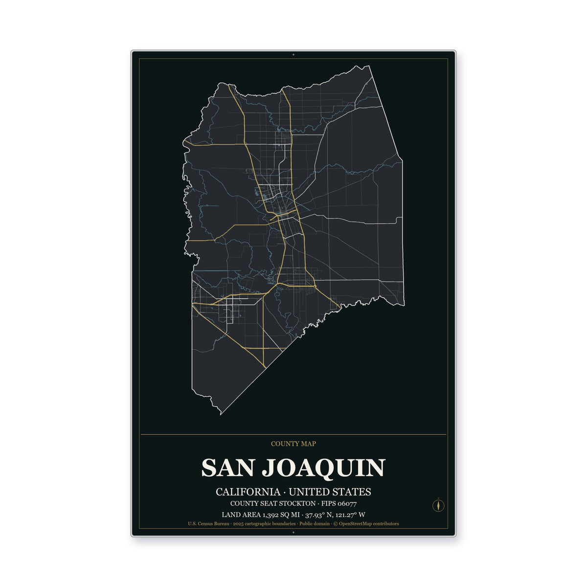 San Joaquin County, California Map Aluminum Sign in Metropolitan Noir style