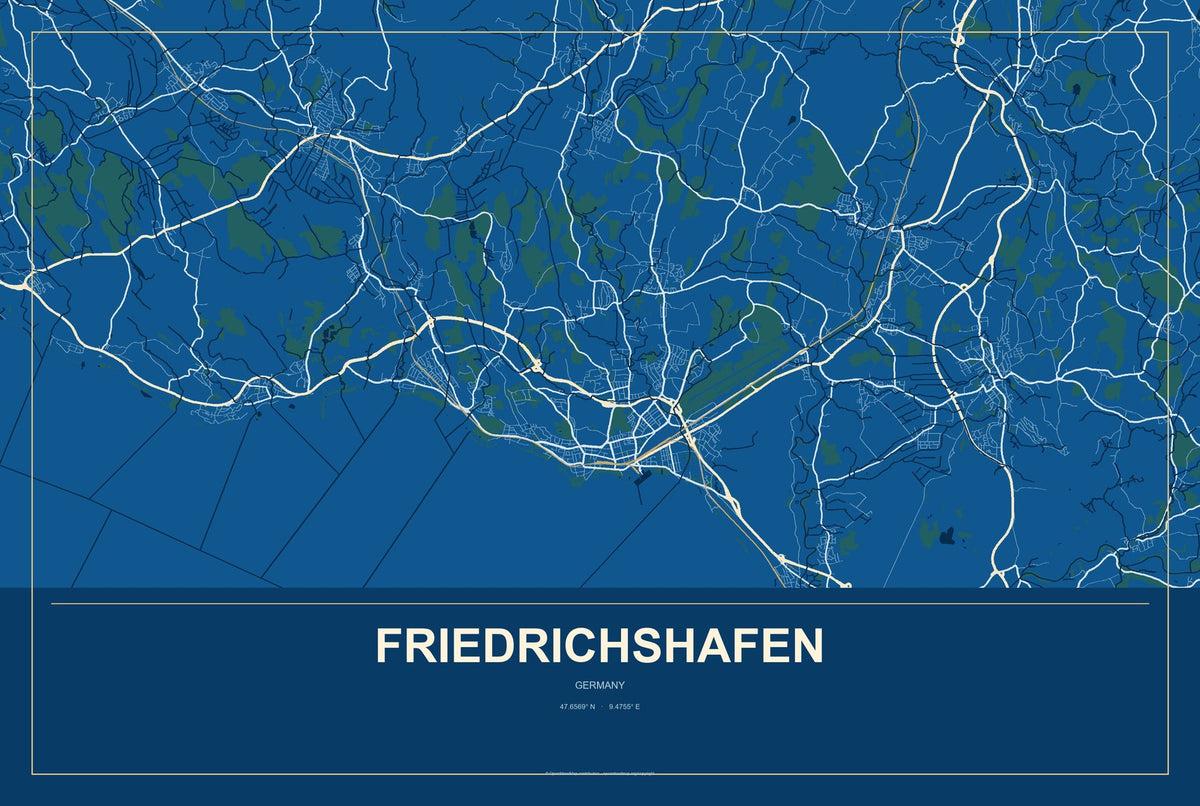 Friedrichshafen, Germany City Map Aluminum Sign in Harbor Cobalt style
