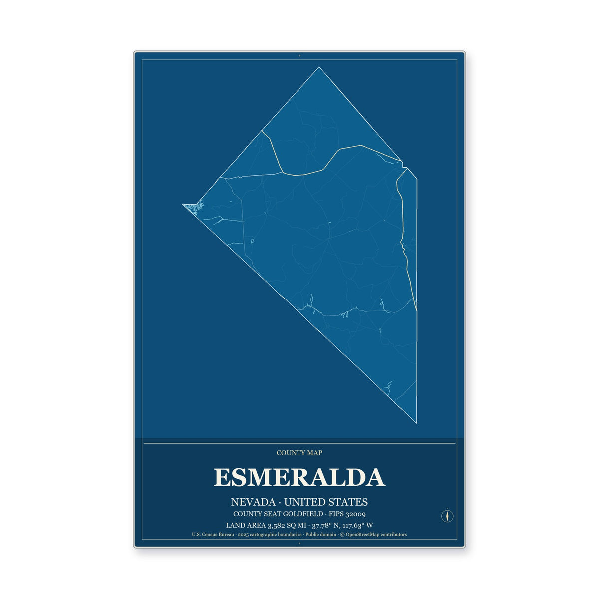 Esmeralda County, Nevada Map Aluminum Sign in Harbor Cobalt style