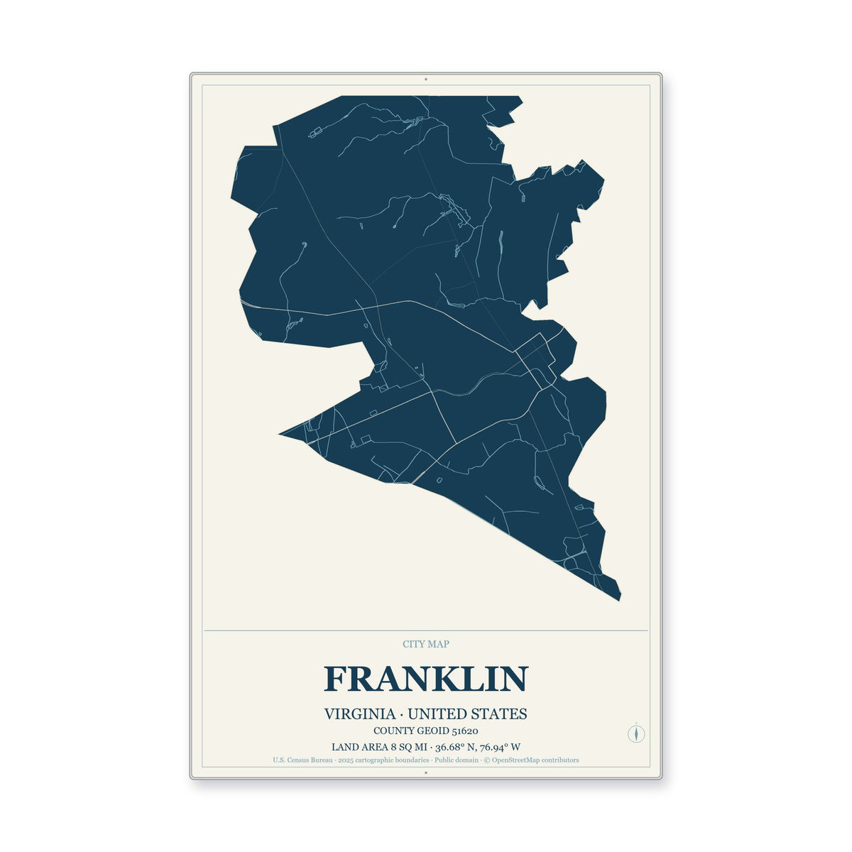 Franklin city, Virginia Map Aluminum Sign in Coastal Cutout style
