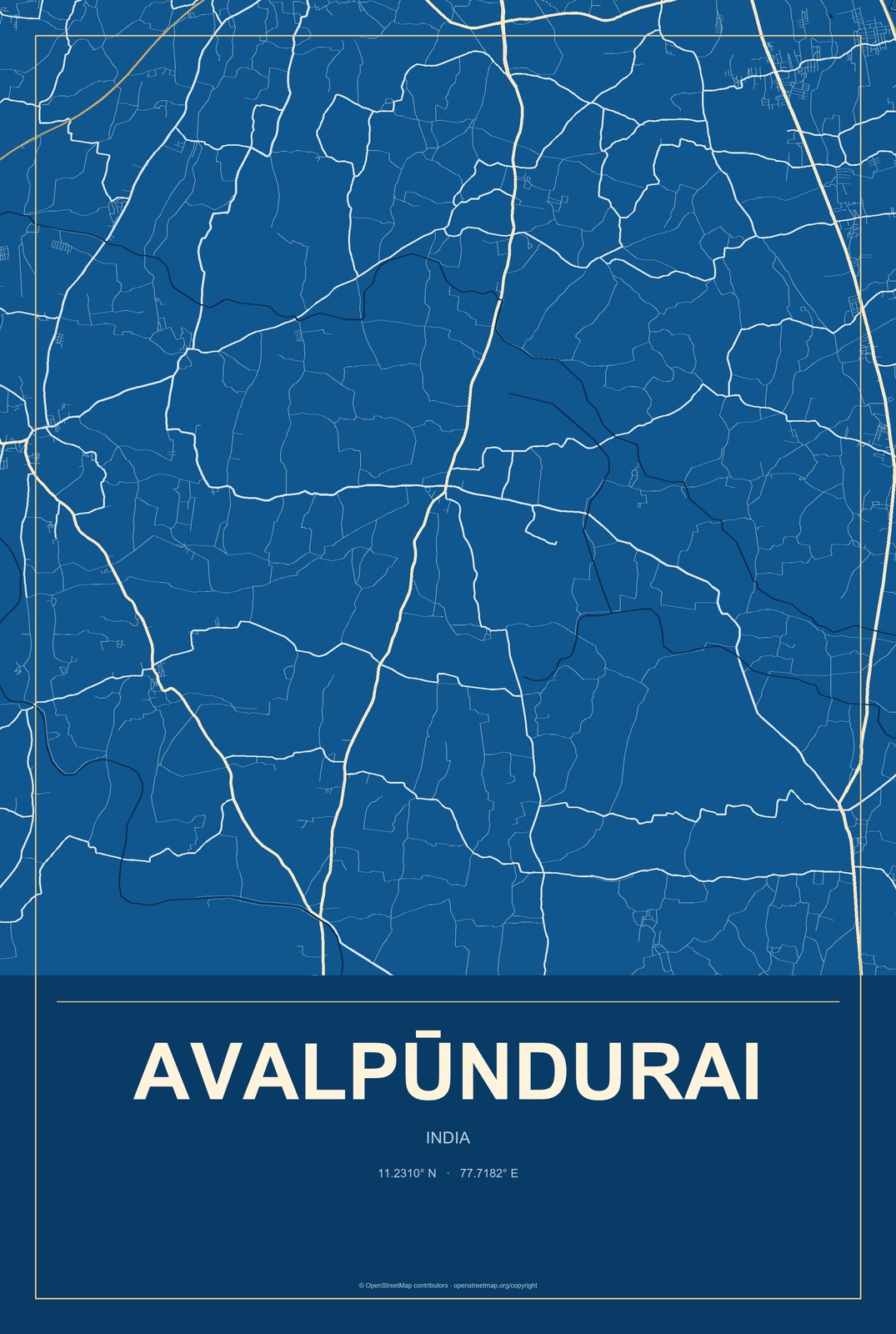 Avalpūndurai, India City Map Aluminum Sign in Harbor Cobalt style