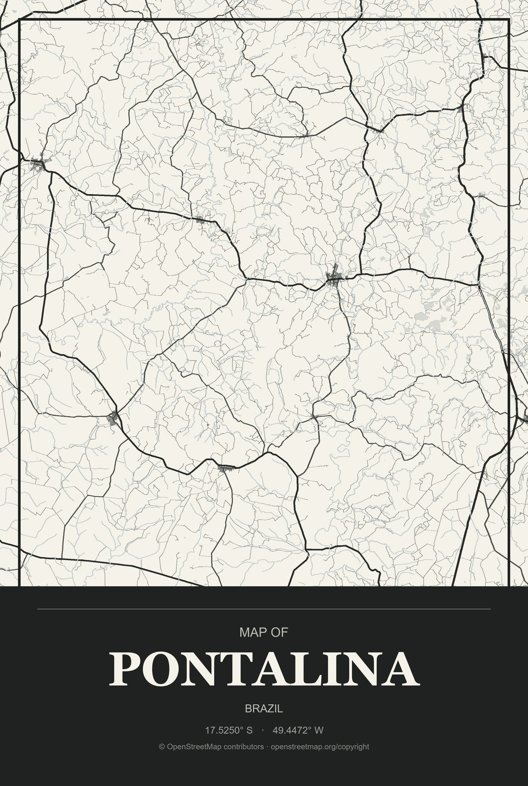 Pontalina, Brazil City Map Aluminum Sign in Museum Plaque style