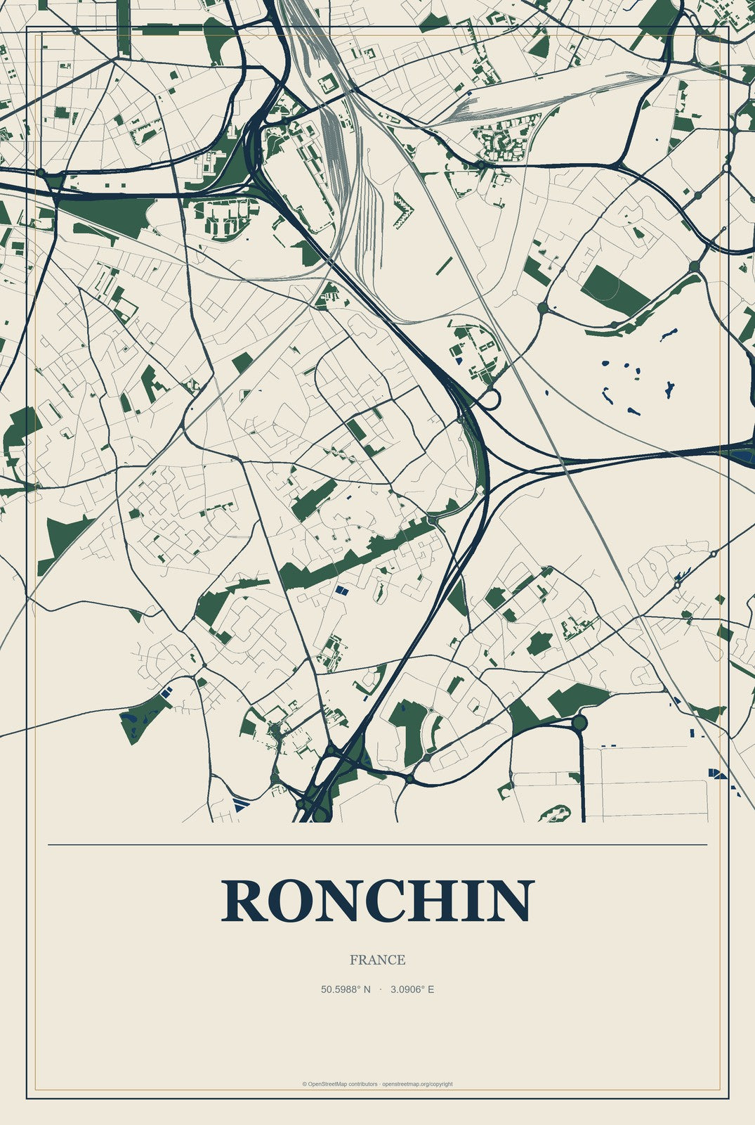 Ronchin, France City Map Aluminum Sign in Coastal Cutout style