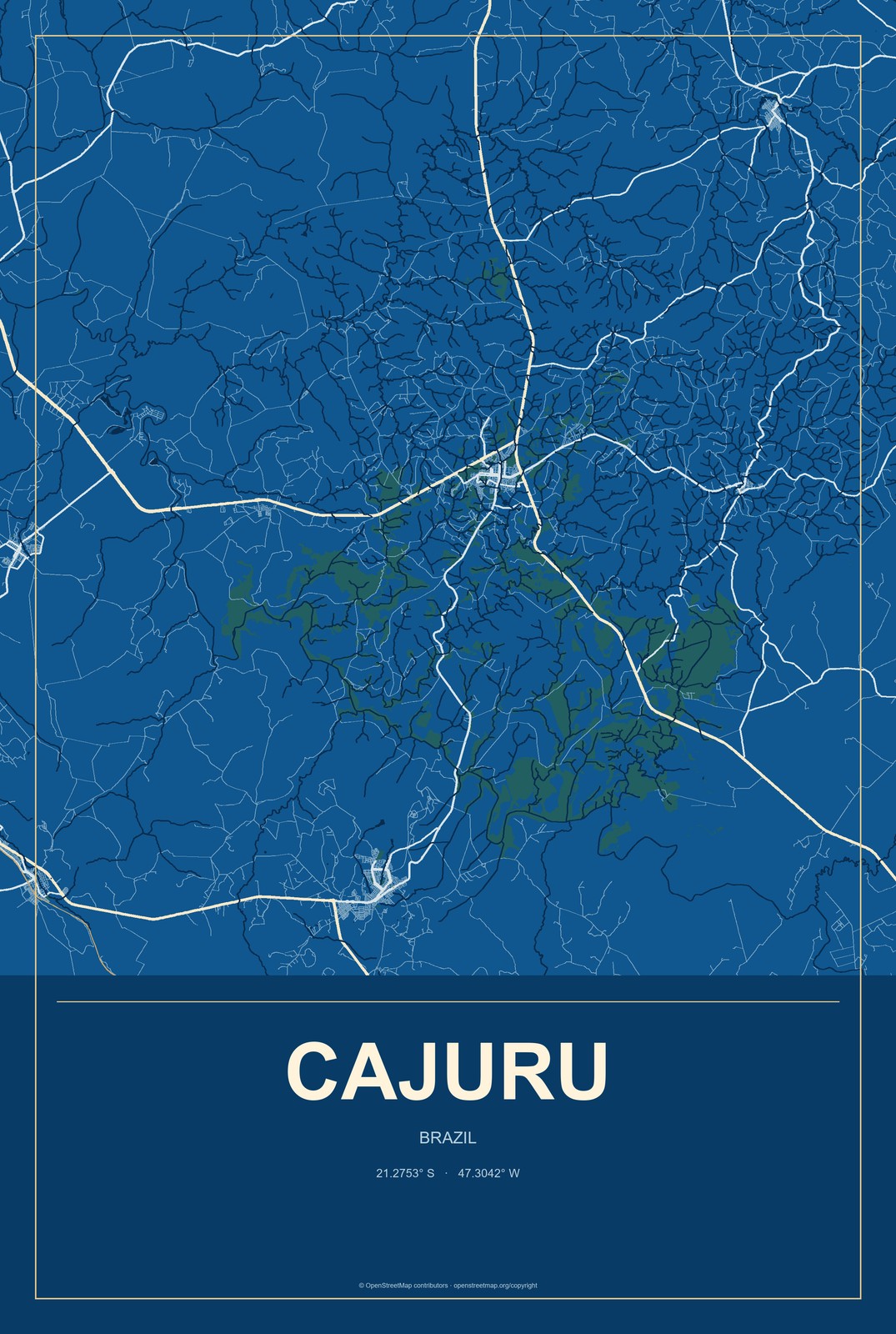 Cajuru, Brazil City Map Aluminum Sign in Harbor Cobalt style