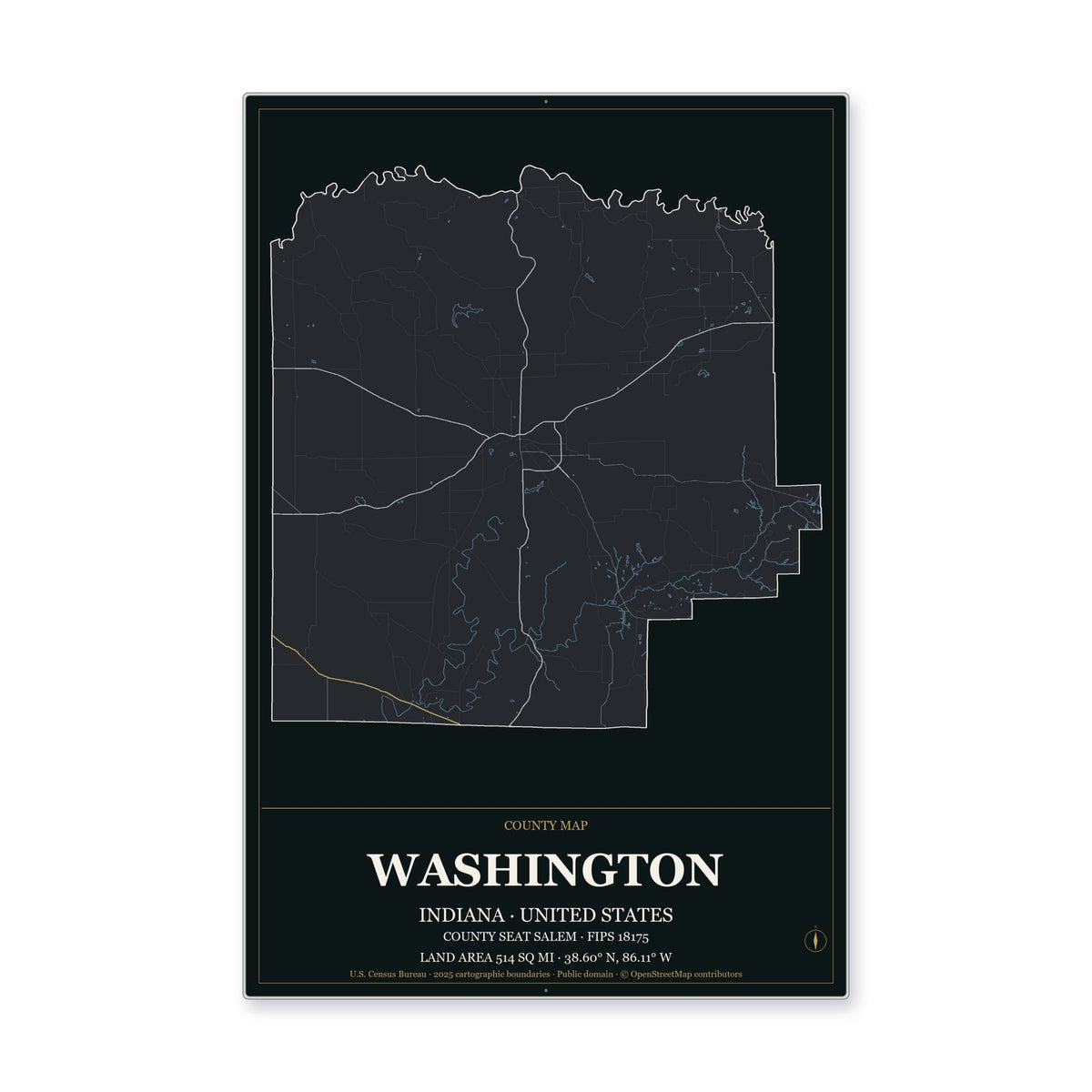 Washington County, Indiana Map Aluminum Sign in Metropolitan Noir style