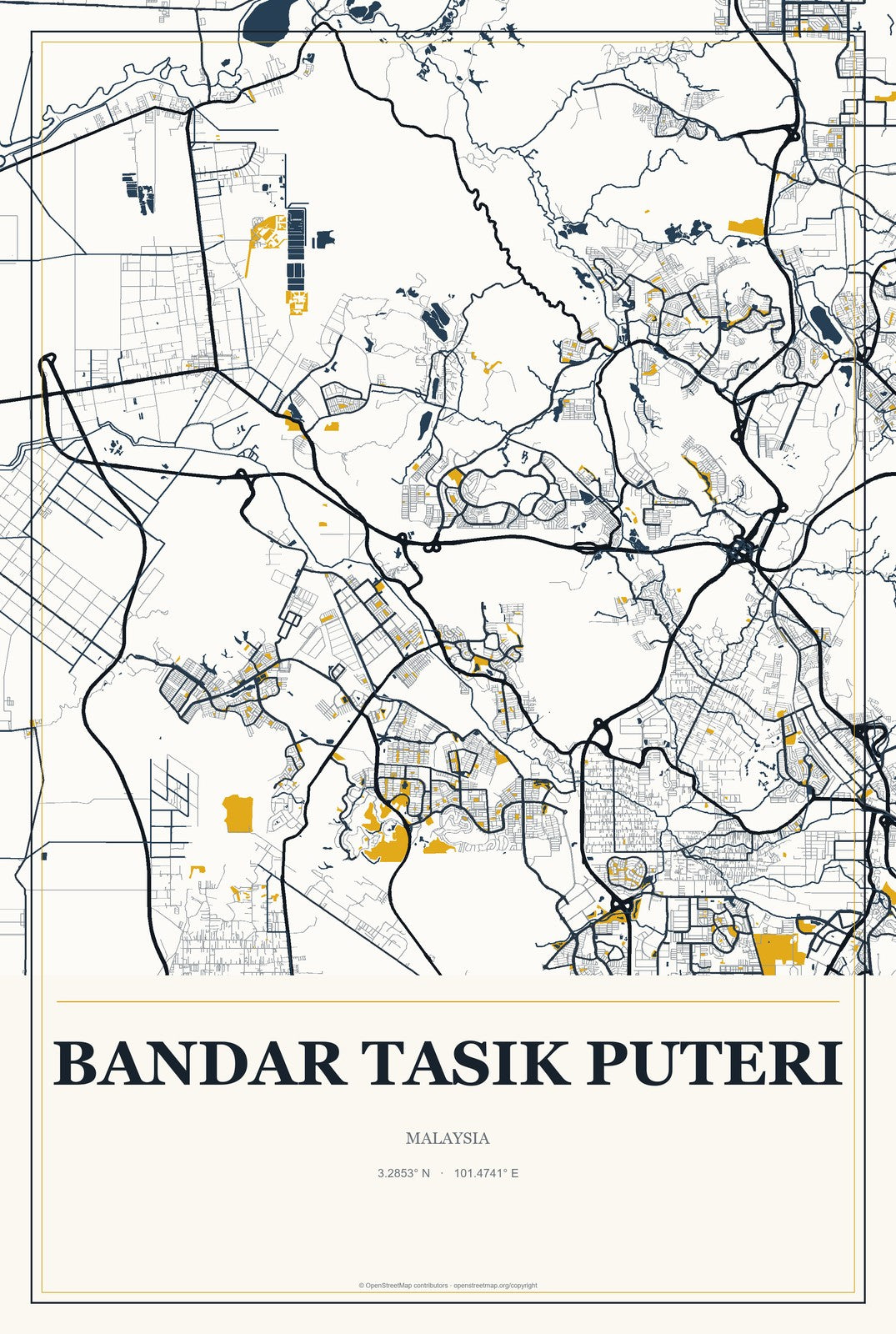 Bandar Tasik Puteri, Malaysia City Map Aluminum Sign in Citrine Modern style