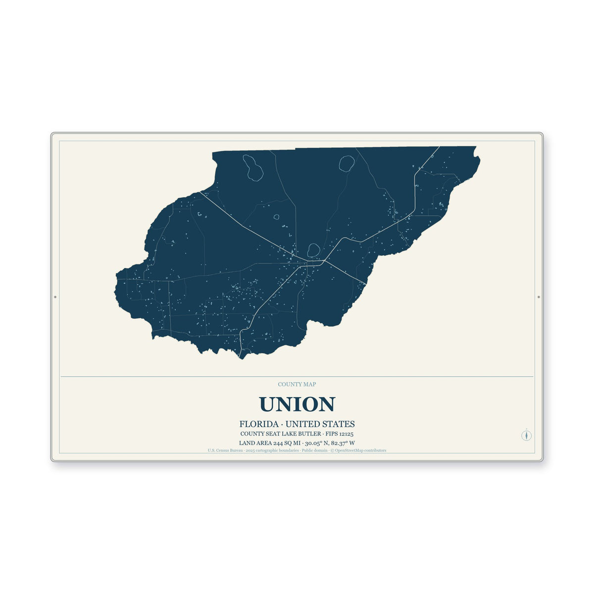 Union County, Florida Map Aluminum Sign in Coastal Cutout style