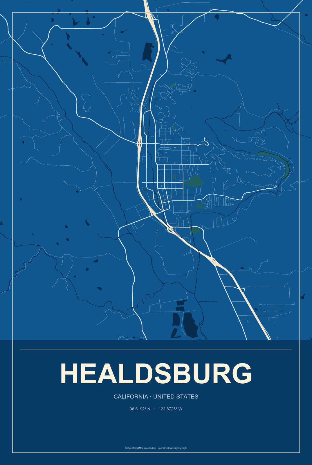 Healdsburg, California City Map Aluminum Sign in Harbor Cobalt style