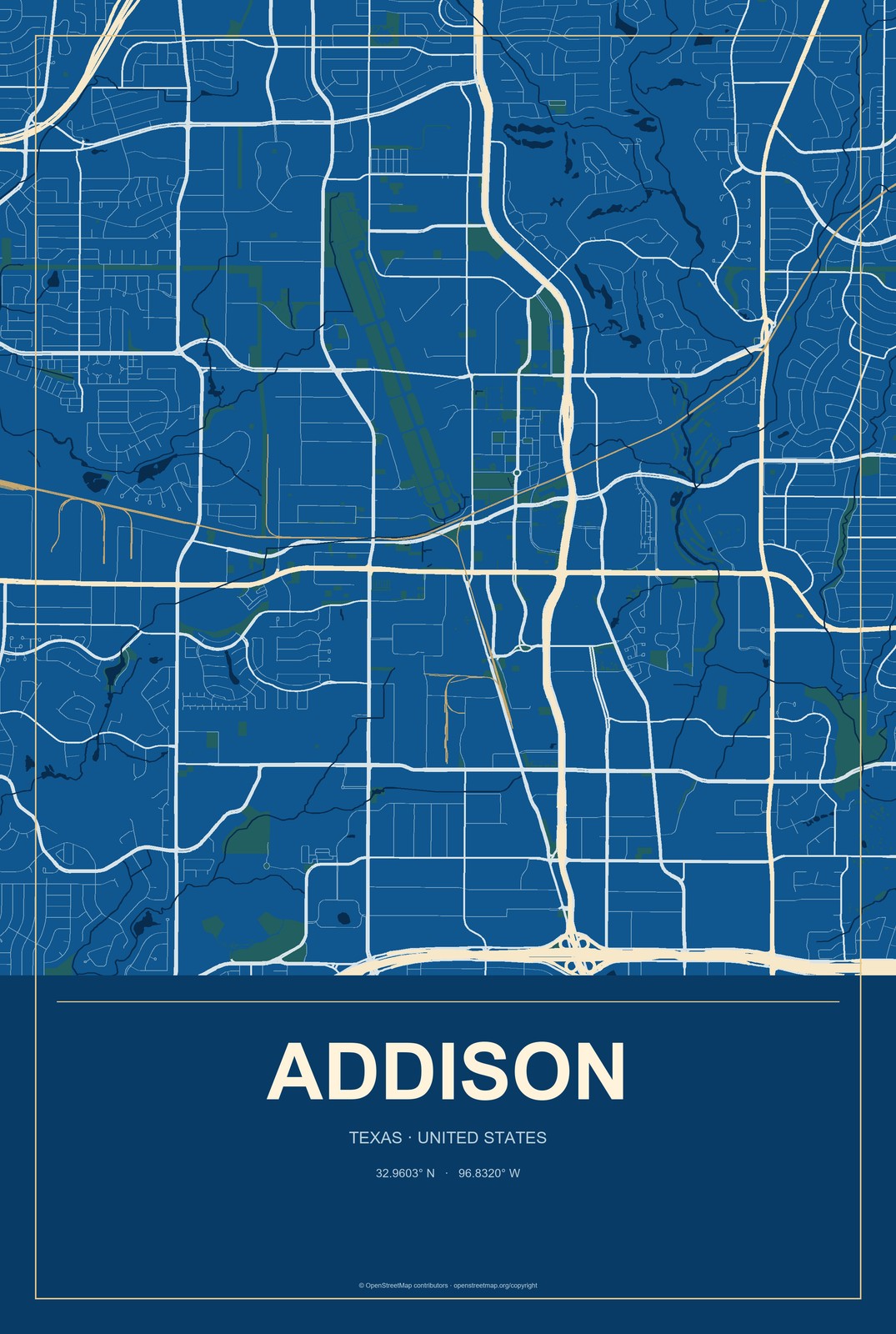 Addison, Texas City Map Aluminum Sign in Harbor Cobalt style