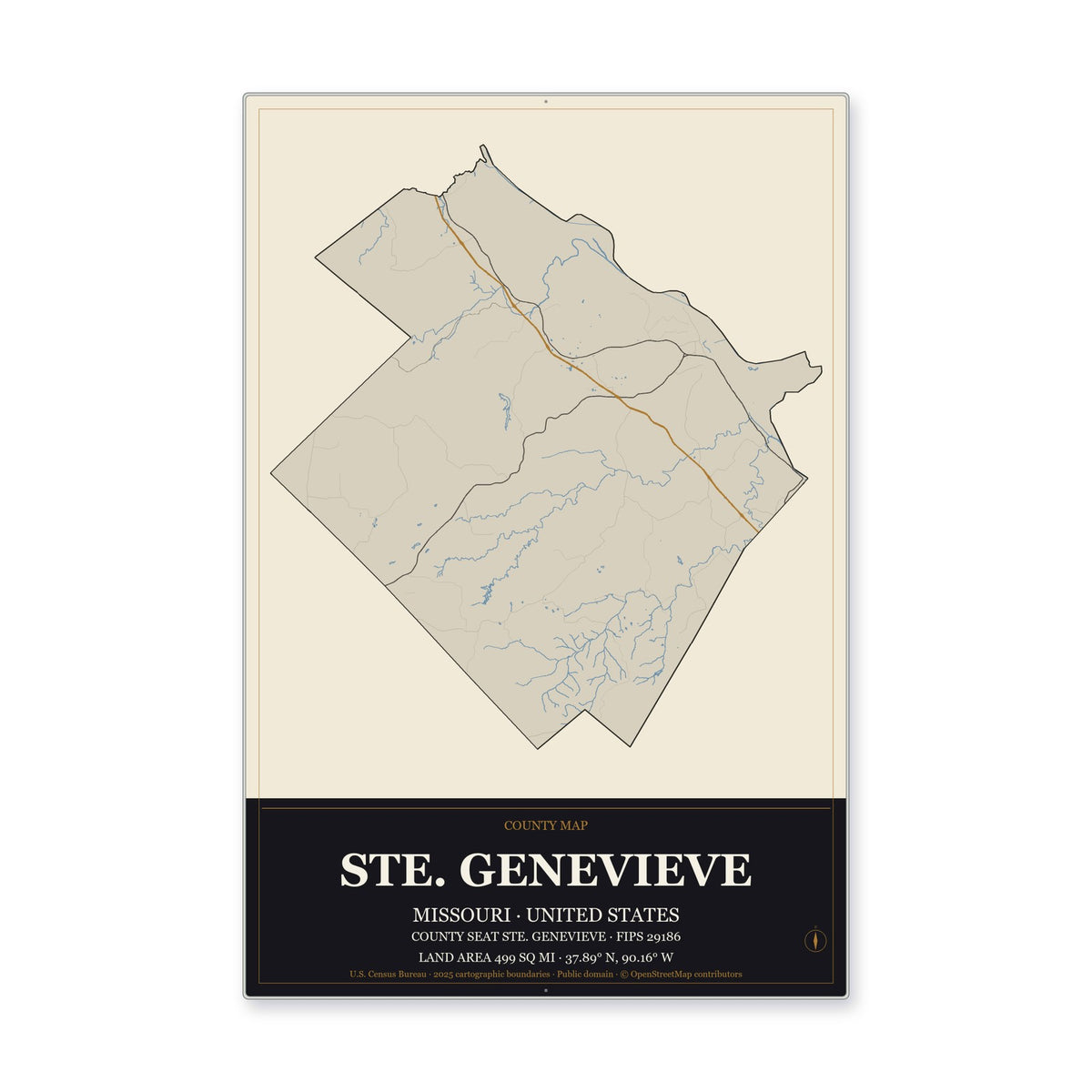 Ste. Genevieve County, Missouri Map Aluminum Sign in Museum Plaque style