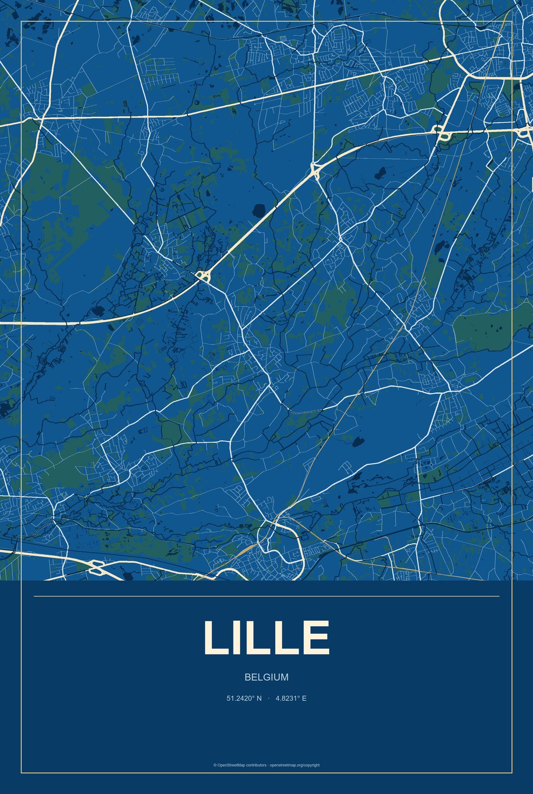 Lille, Belgium City Map Aluminum Sign in Harbor Cobalt style
