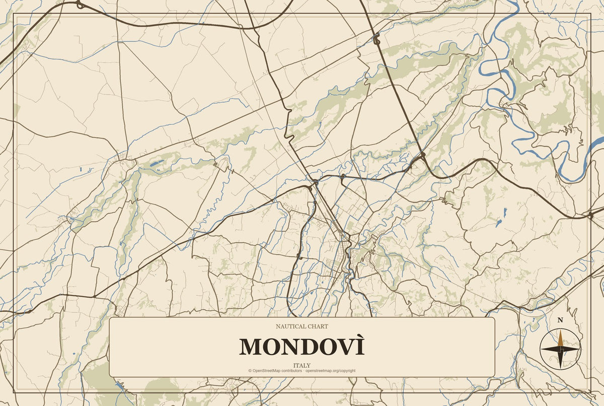 Mondovì, Italy City Map Aluminum Sign in Heritage Nautical style