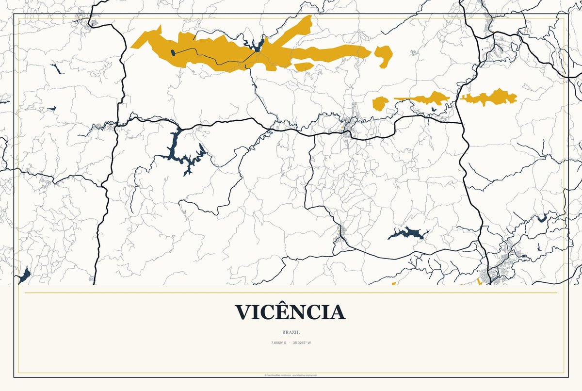 Vicência, Brazil City Map Aluminum Sign in Citrine Modern style