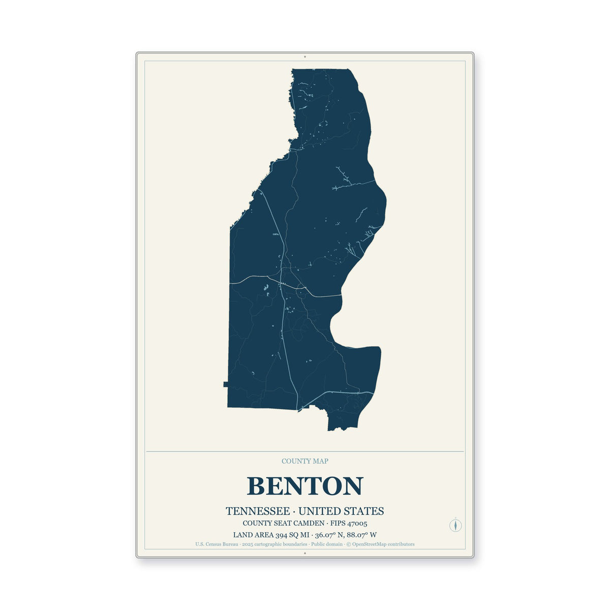 Benton County, Tennessee Map Aluminum Sign in Coastal Cutout style