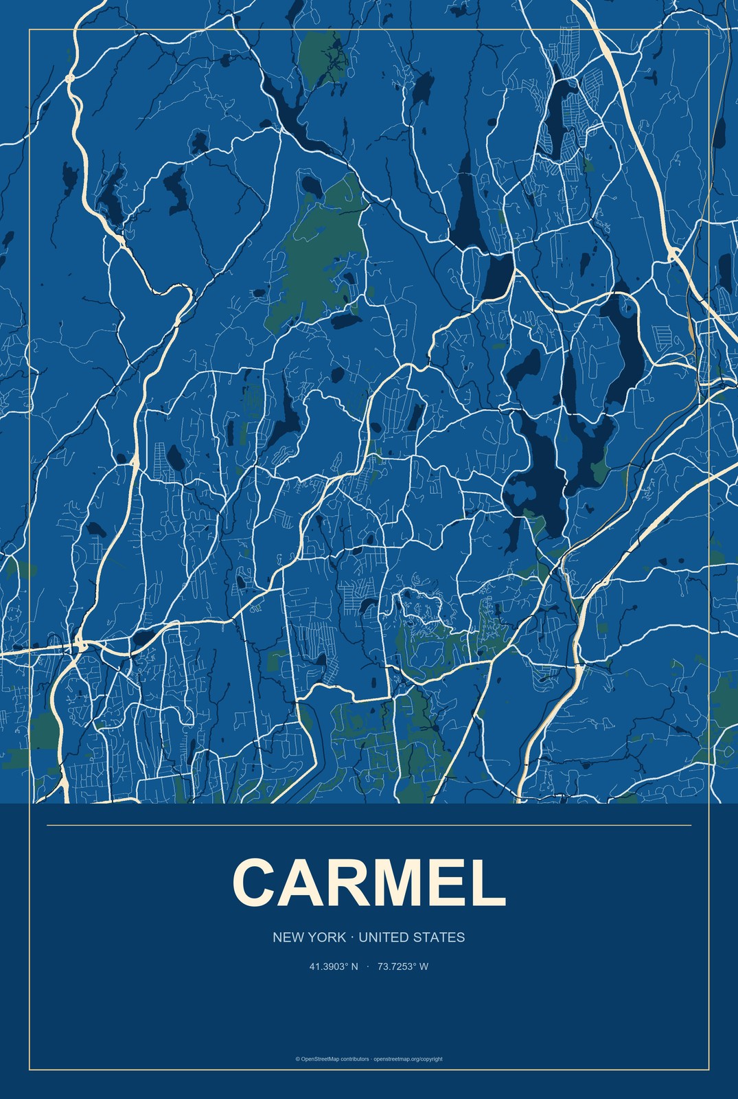 Carmel, New York City Map Aluminum Sign in Harbor Cobalt style