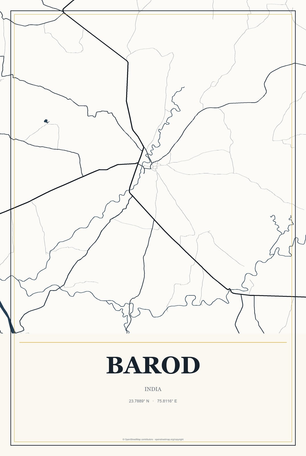 Barod, India City Map Aluminum Sign in Citrine Modern style