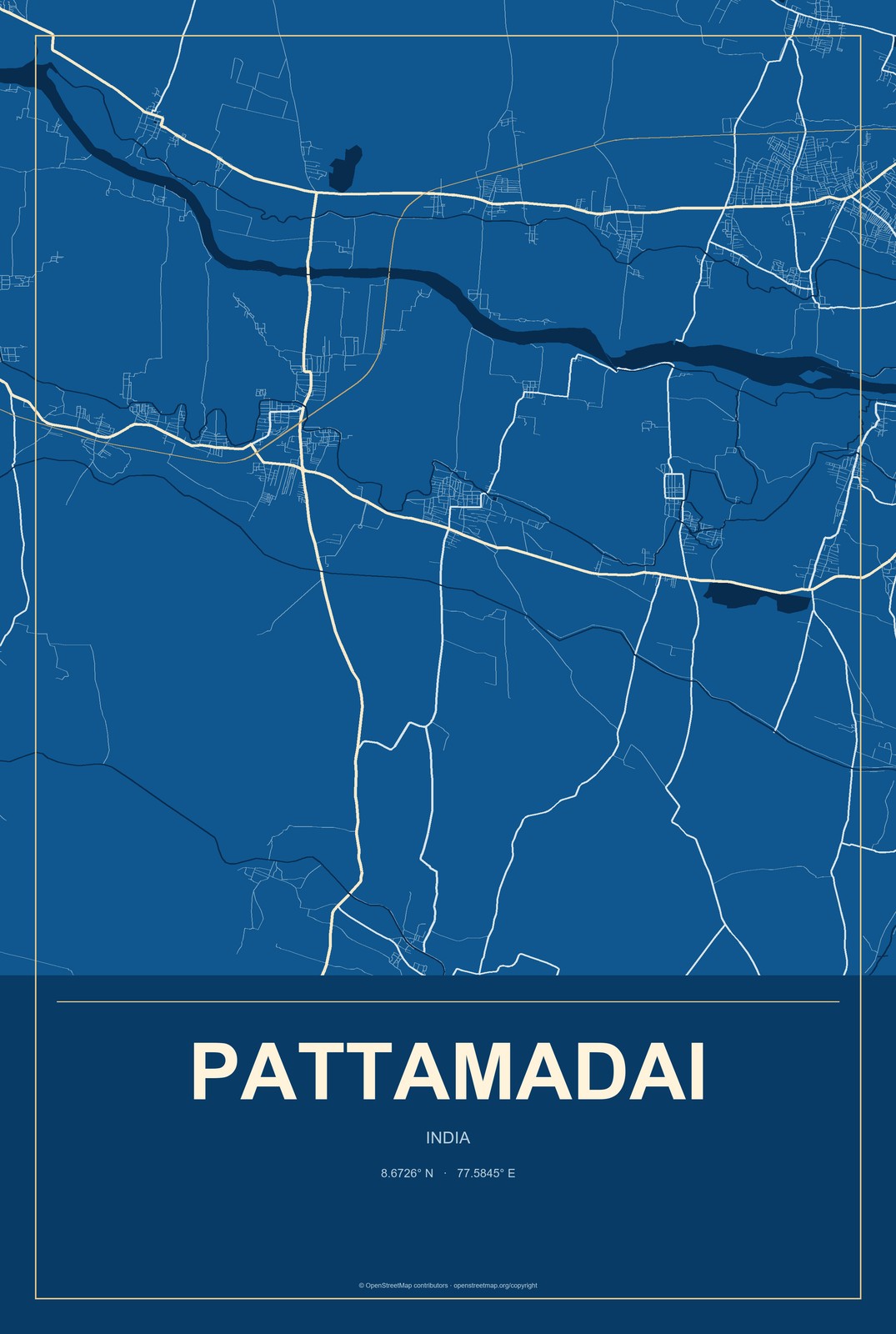 Pattamadai, India City Map Aluminum Sign in Harbor Cobalt style