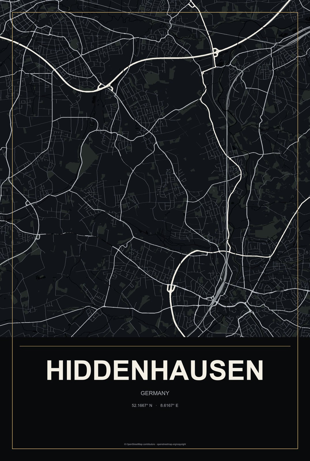 Hiddenhausen, Germany City Map Aluminum Sign in Metropolitan Noir style