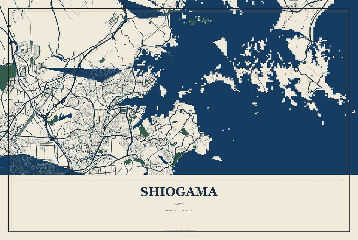 Shiogama, Japan City Map Aluminum Sign in Coastal Cutout style