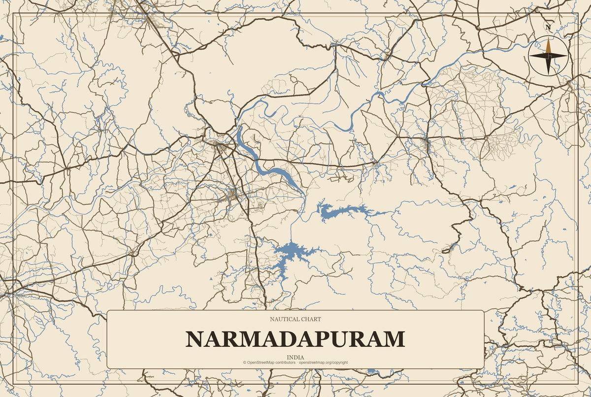 Narmadapuram, India City Map Aluminum Sign in Heritage Nautical style