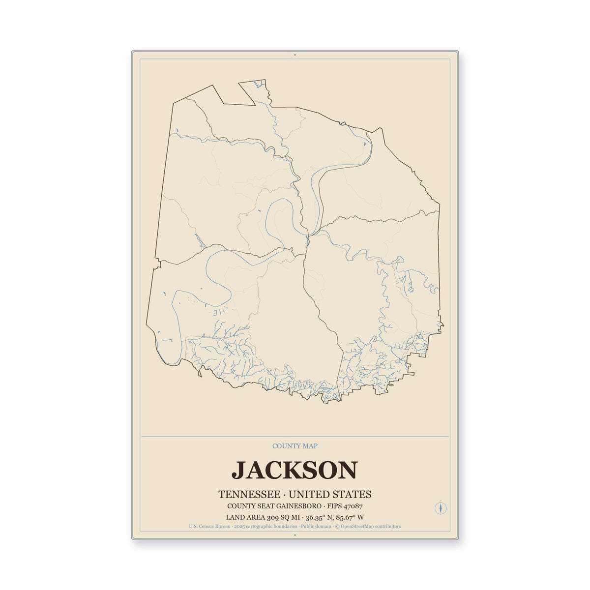 Jackson County, Tennessee Map Aluminum Sign in Heritage Nautical style