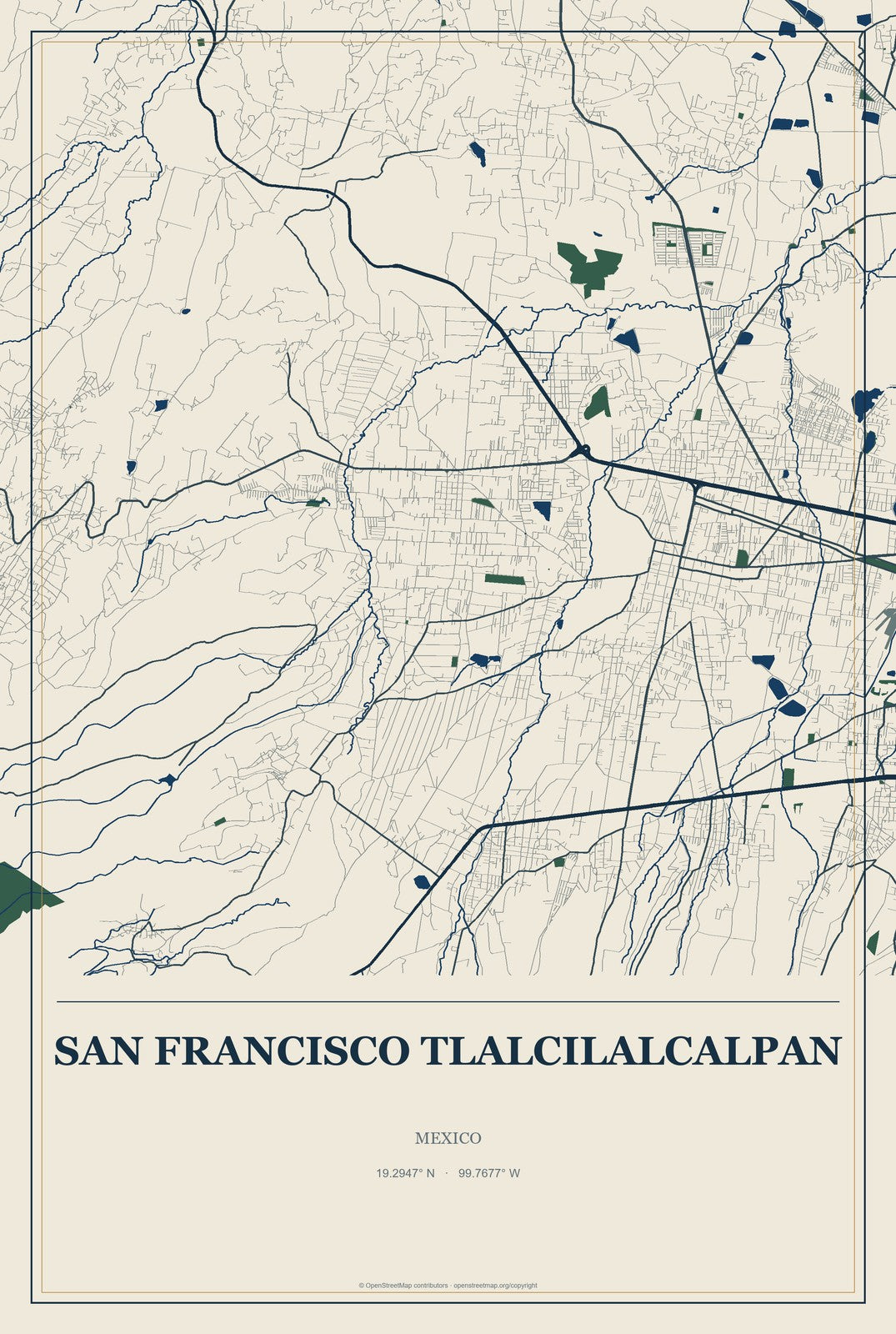 San Francisco Tlalcilalcalpan, Mexico City Map Aluminum Sign in Coastal Cutout style