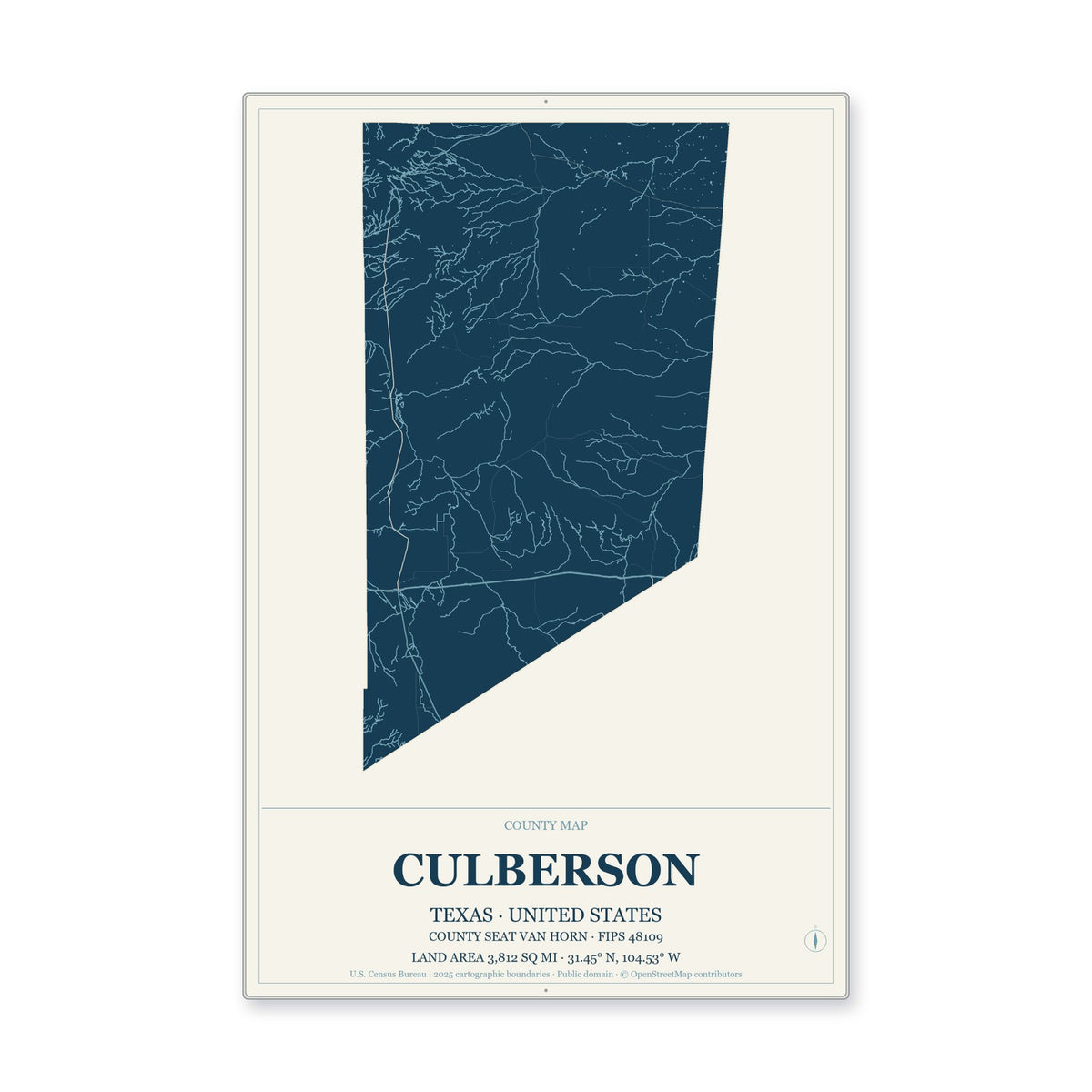 Culberson County, Texas Map Aluminum Sign in Coastal Cutout style