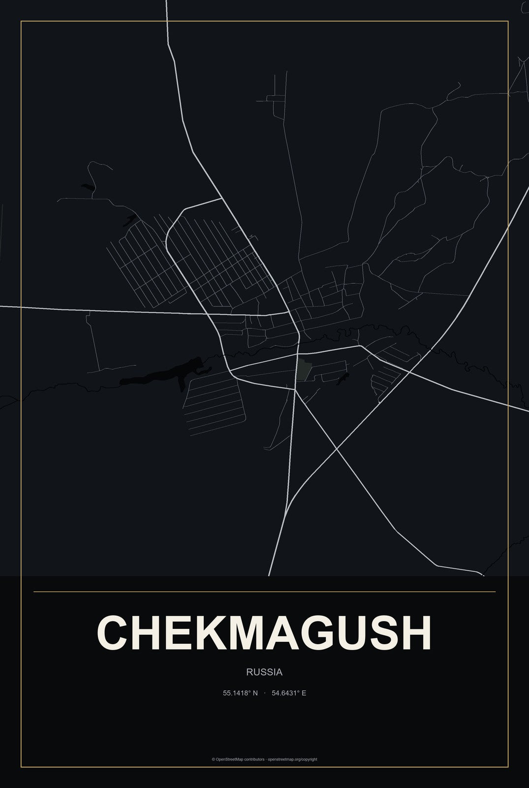 Chekmagush, Russia City Map Aluminum Sign in Metropolitan Noir style