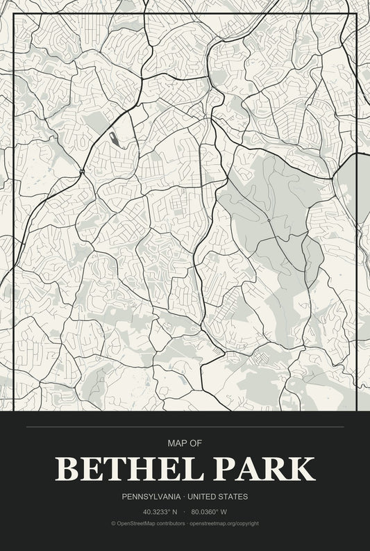 Bethel Park, Pennsylvania City Map Aluminum Sign in Museum Plaque style