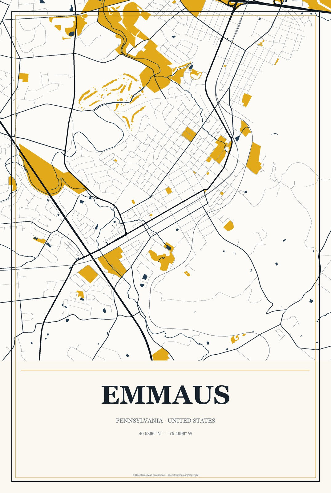 Emmaus, Pennsylvania City Map Aluminum Sign in Citrine Modern style
