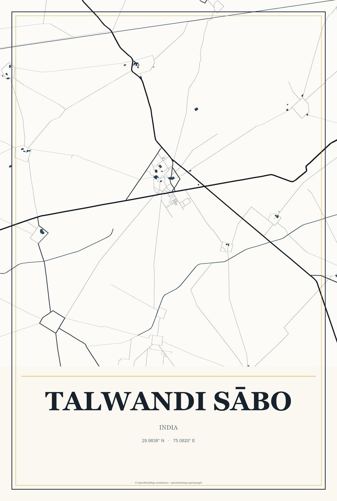 Talwandi Sābo, India City Map Aluminum Sign in Citrine Modern style