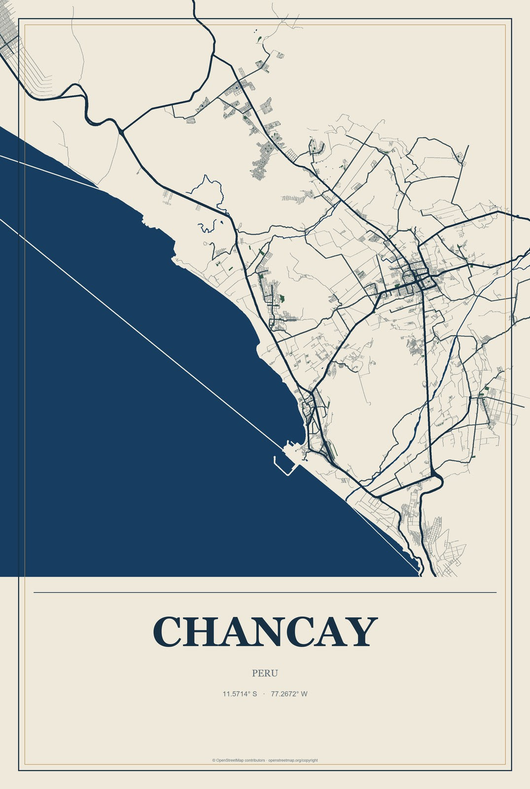 Chancay, Peru City Map Aluminum Sign in Coastal Cutout style