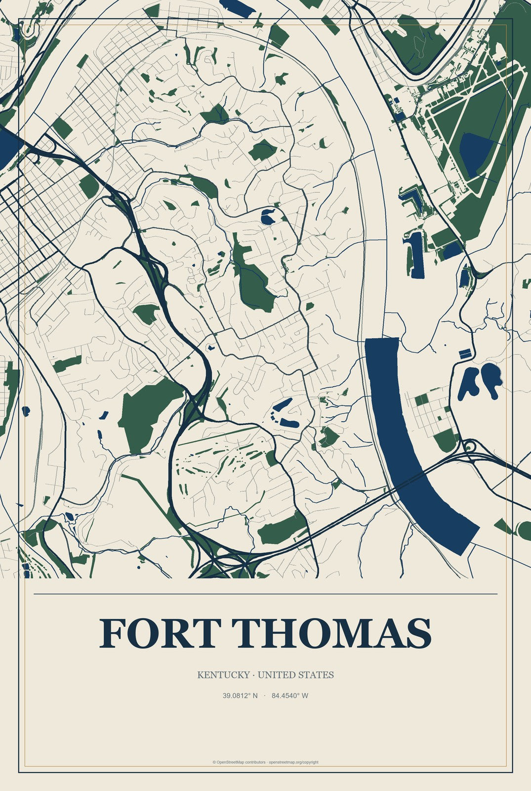 Fort Thomas, Kentucky City Map Aluminum Sign in Coastal Cutout style