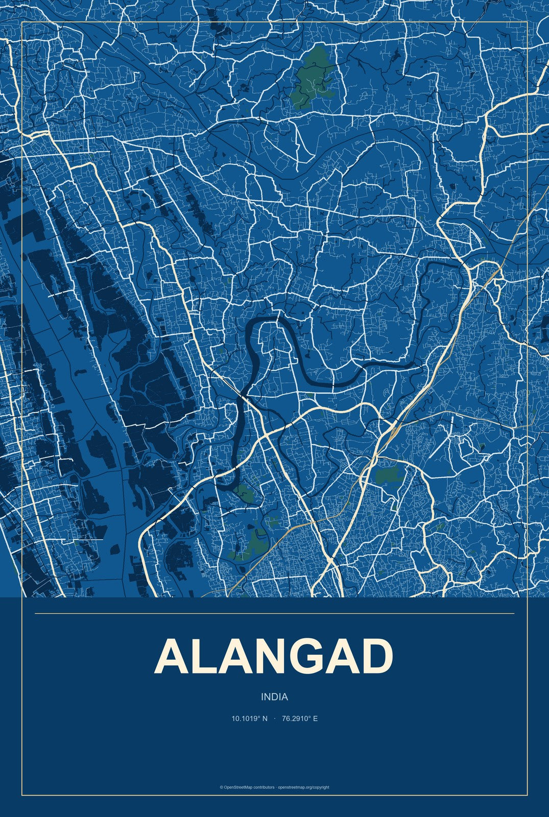 Alangad, India City Map Aluminum Sign in Harbor Cobalt style