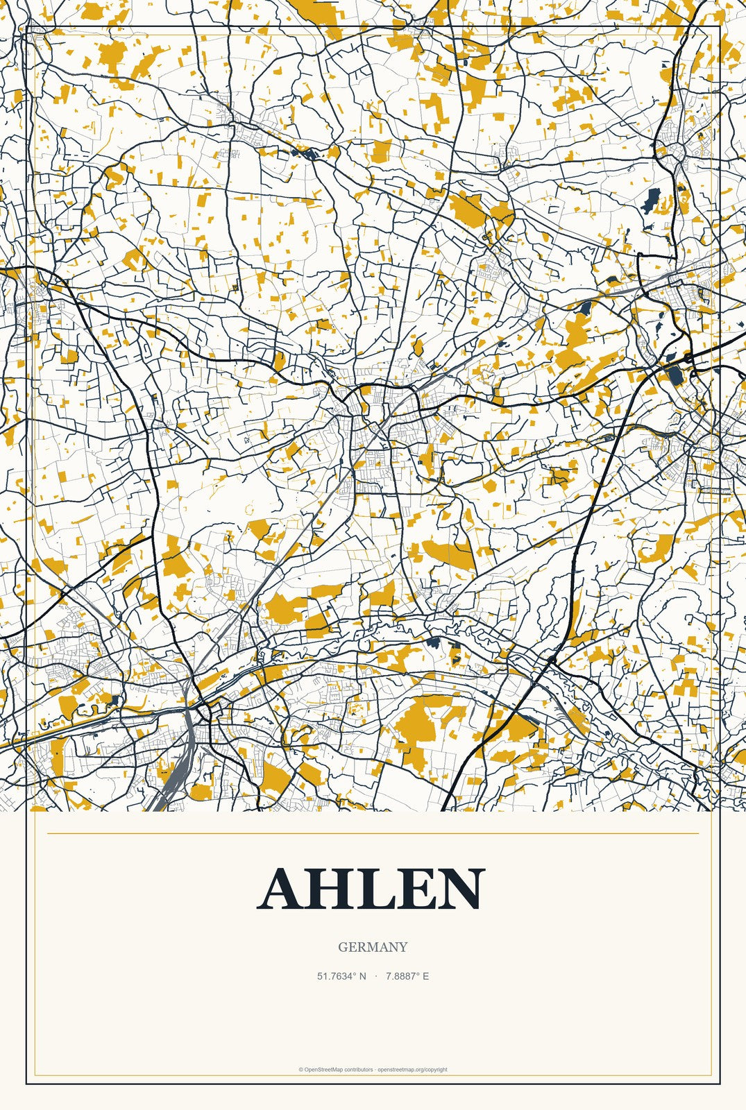Ahlen, Germany City Map Aluminum Sign in Citrine Modern style