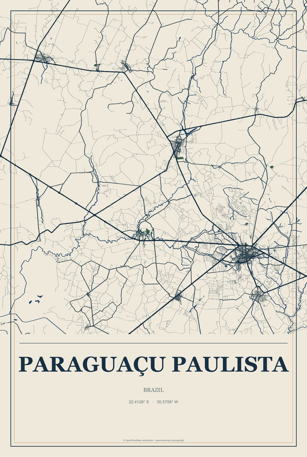 Paraguaçu Paulista, Brazil City Map Aluminum Sign in Coastal Cutout style