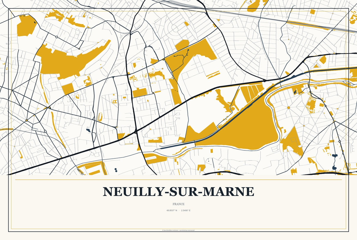 Neuilly-sur-Marne, France City Map Aluminum Sign in Citrine Modern style