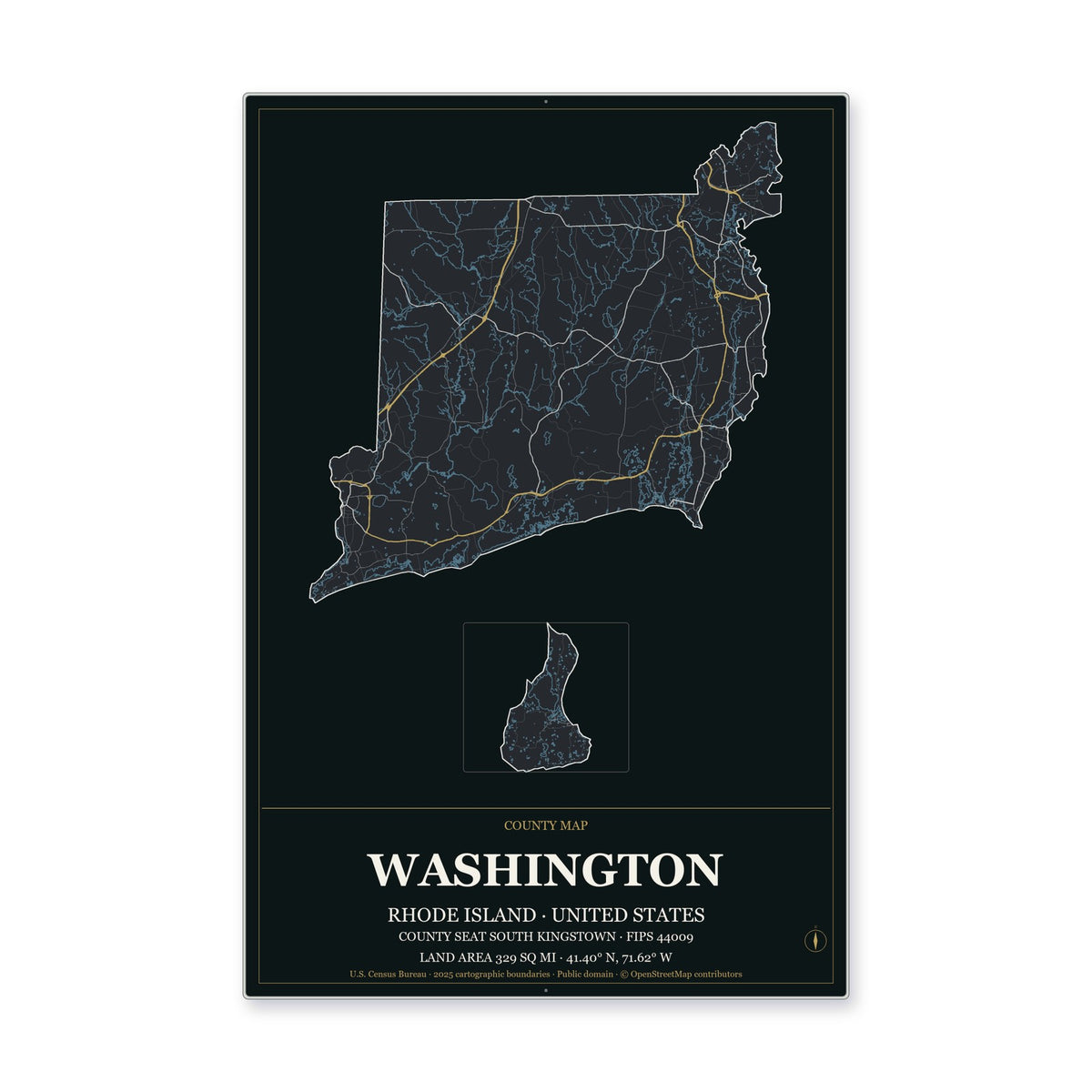 Washington County, Rhode Island Map Aluminum Sign in Metropolitan Noir style